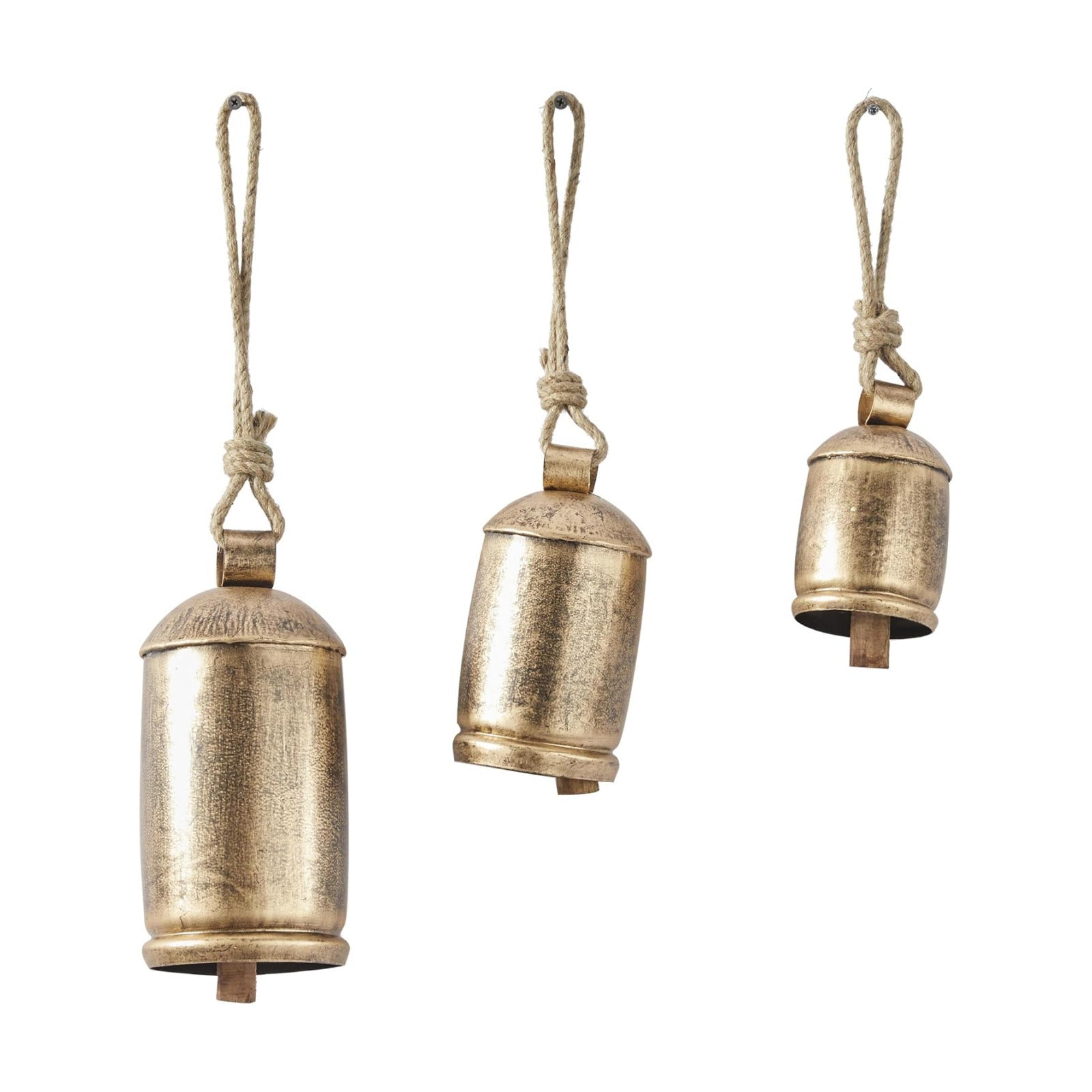 Deco 79 Metal Decorative Cow Bells, Set of 3 Cowbell 10", 7", 5"H, Gold | Indoor Tibetan Inspired Meditation Bell With