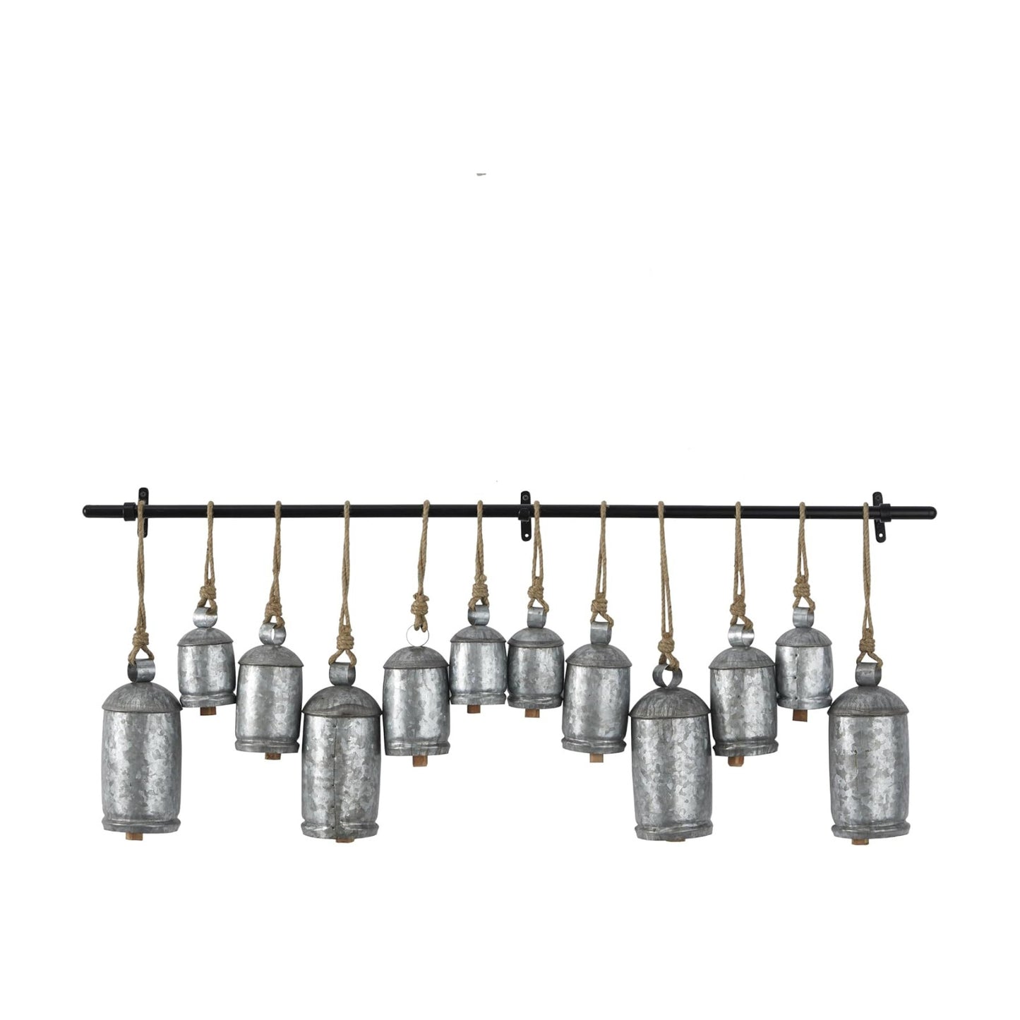 Deco 79 Metal Decorative Cow Bells Tibetan Inspired 12 Bell with Jute Hanging Rope and Black Metal Rod, 48" x 6" x 20"