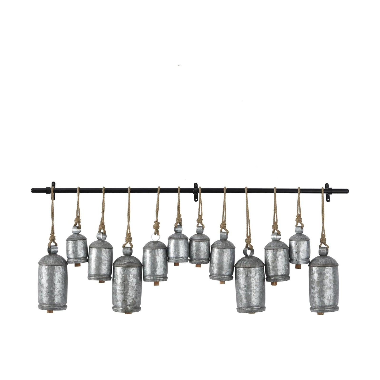 Deco 79 Metal Decorative Cow Bells Tibetan Inspired 12 Bell with Jute Hanging Rope and Black Metal Rod, 48" x 6" x 20"