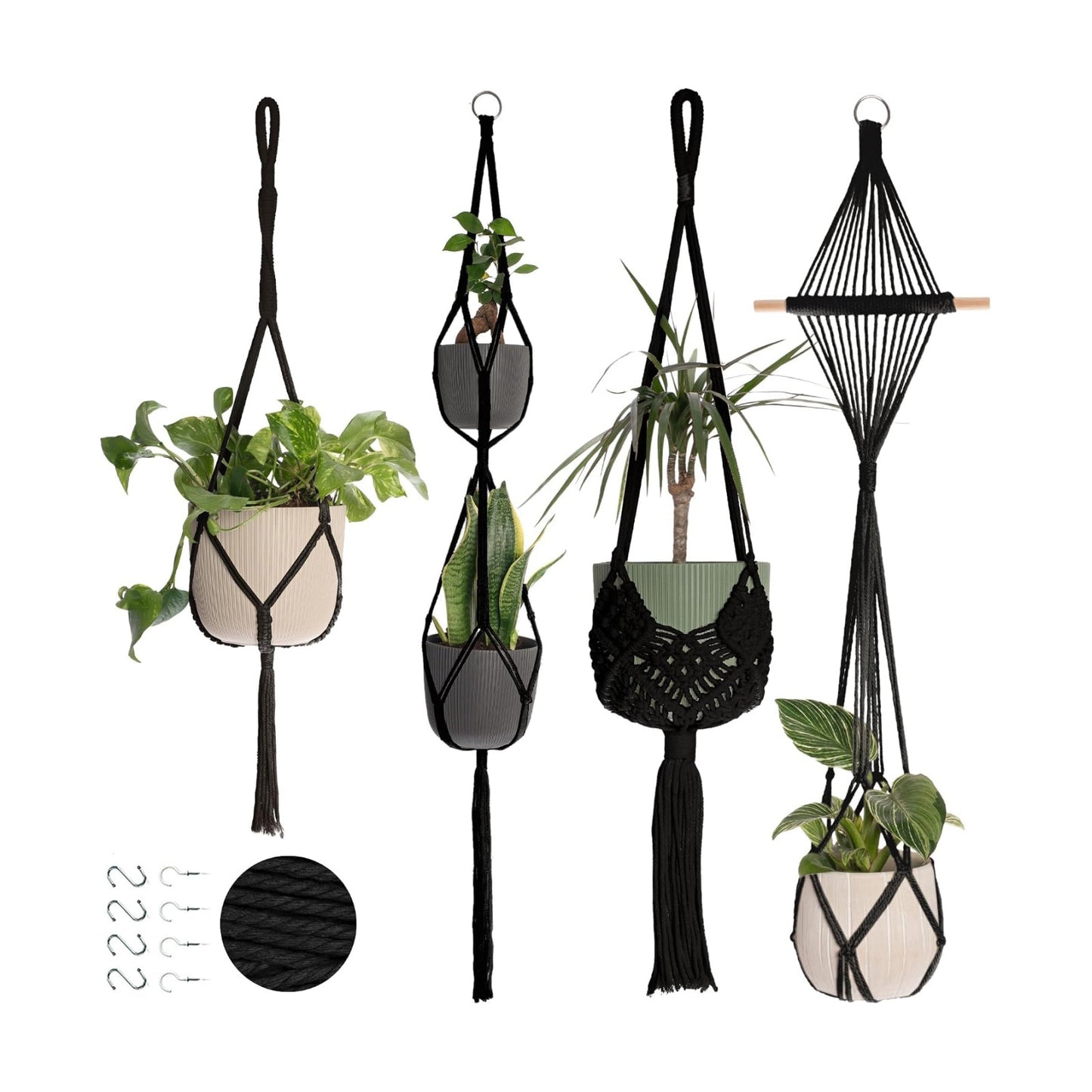 Macrame Plant Hangers / 4-pack Black / Set of 4