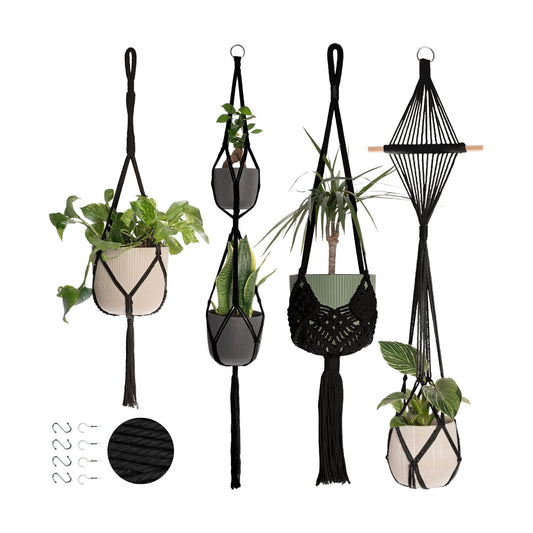 Macrame Plant Hangers / 4-pack Black / Set of 4