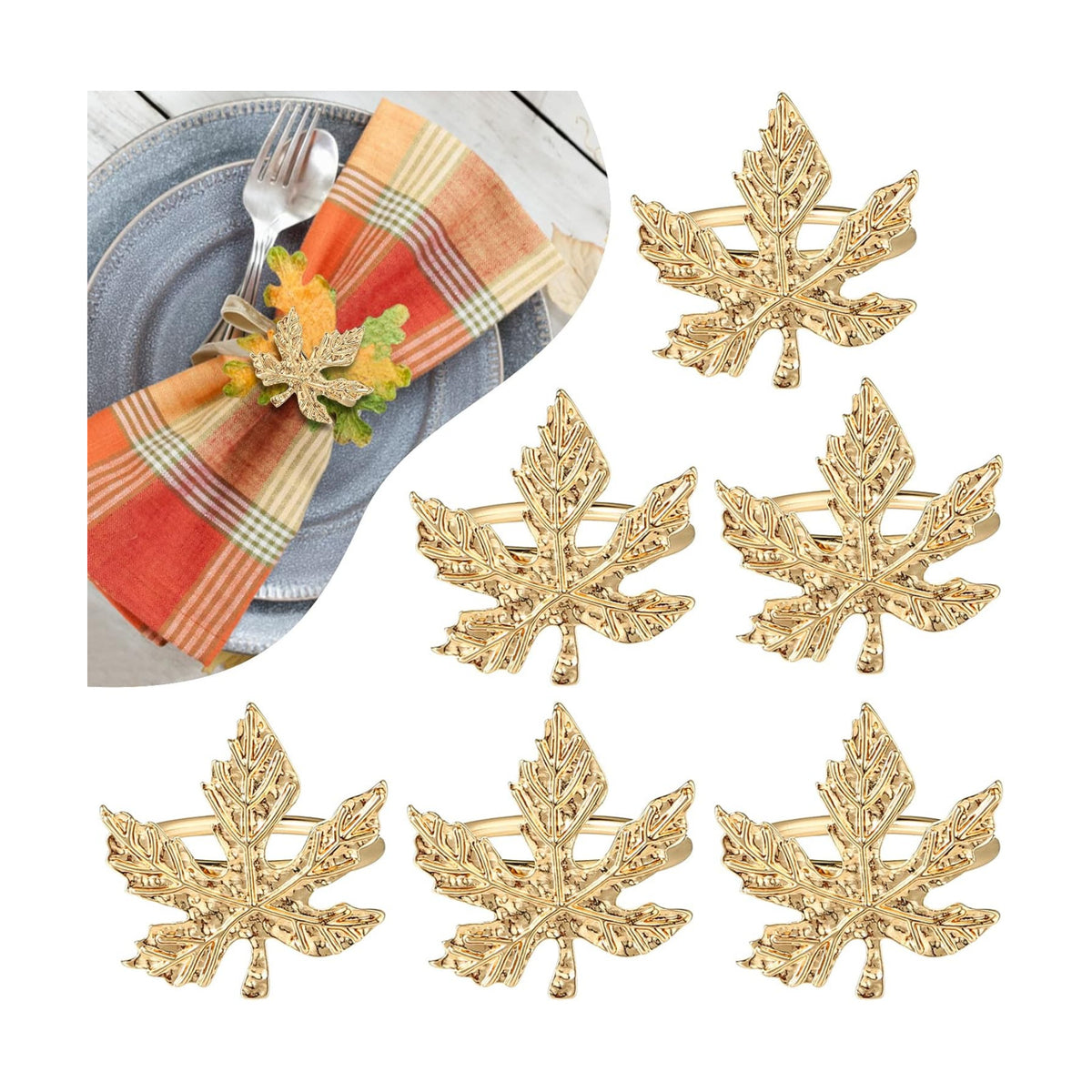 KESOTE Fall Thanksgiving Napkin Rings Set of 6, Gold