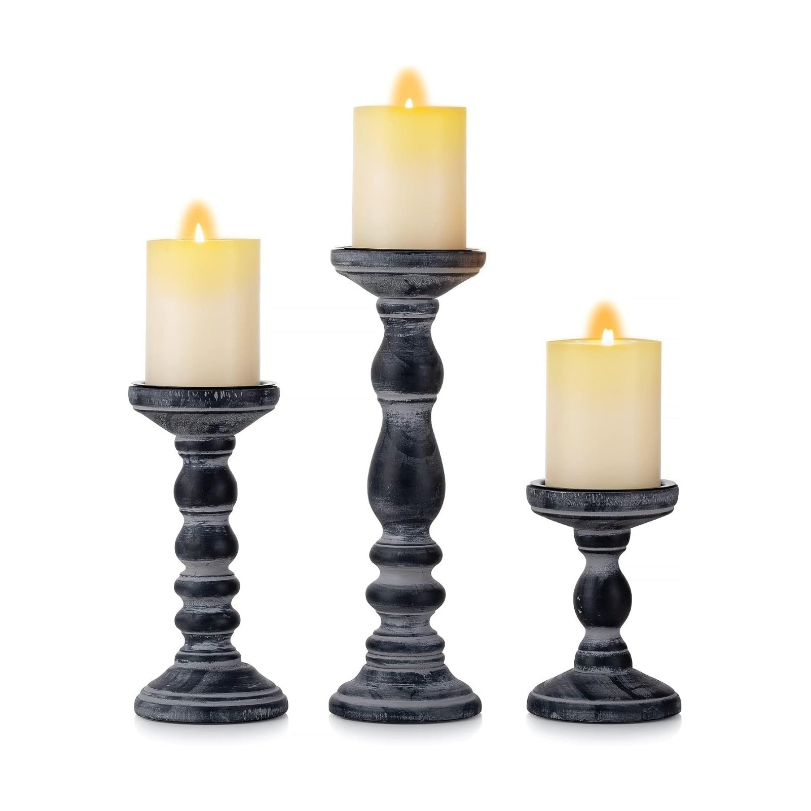 Wood Pillar Candle Holder: Rustic Distressed Black Candle Stand | Solid Pine Wooden Decor, for 3.15" Pillar, Farmhouse