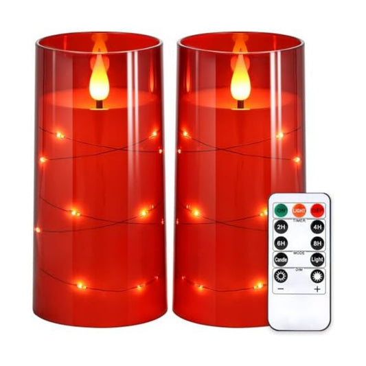 NURADA Flickering Flameless Candles: Built-in Star String Lights Battery Operated LED Pillar Candles with Remote and Timer Romantic Decorations for Wedding Party Christmas Halloween - Red 2 Pack