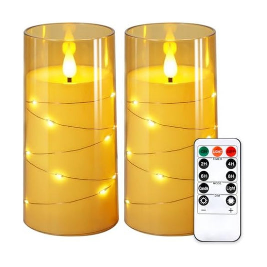 NURADA 3"x6"Flickering Flameless Candles: Built-in Star String Lights Acrylic Battery Operated LED Pillar Candles with Remote and Timer for Romantic Mood Home Decoration - 2 Pack Gold