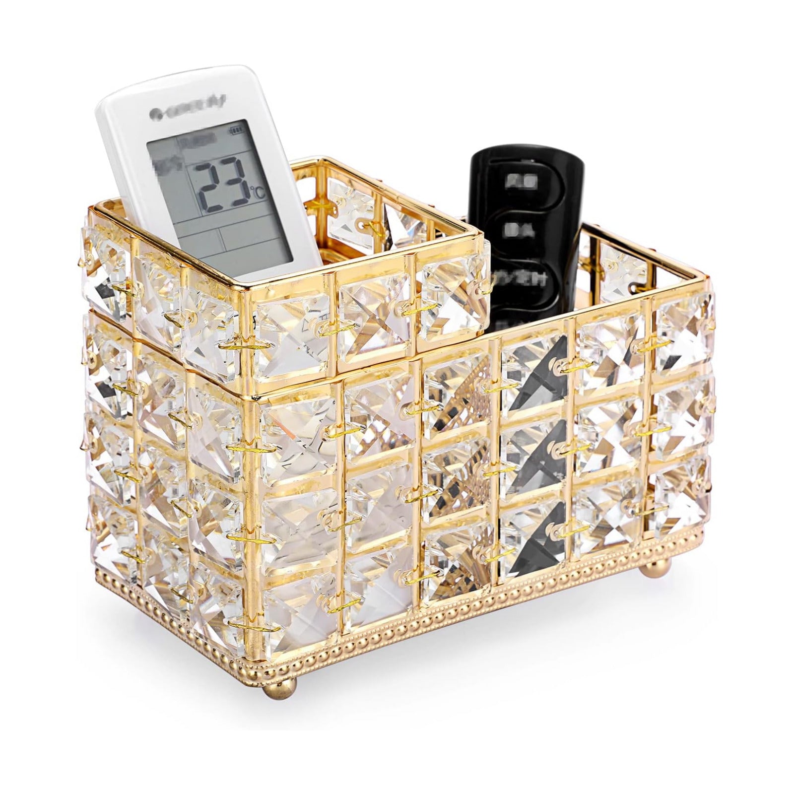 Crystal Remote Control Holder 2 Slots Desktop Organizer Multi-Function Desk Stationery / Gold