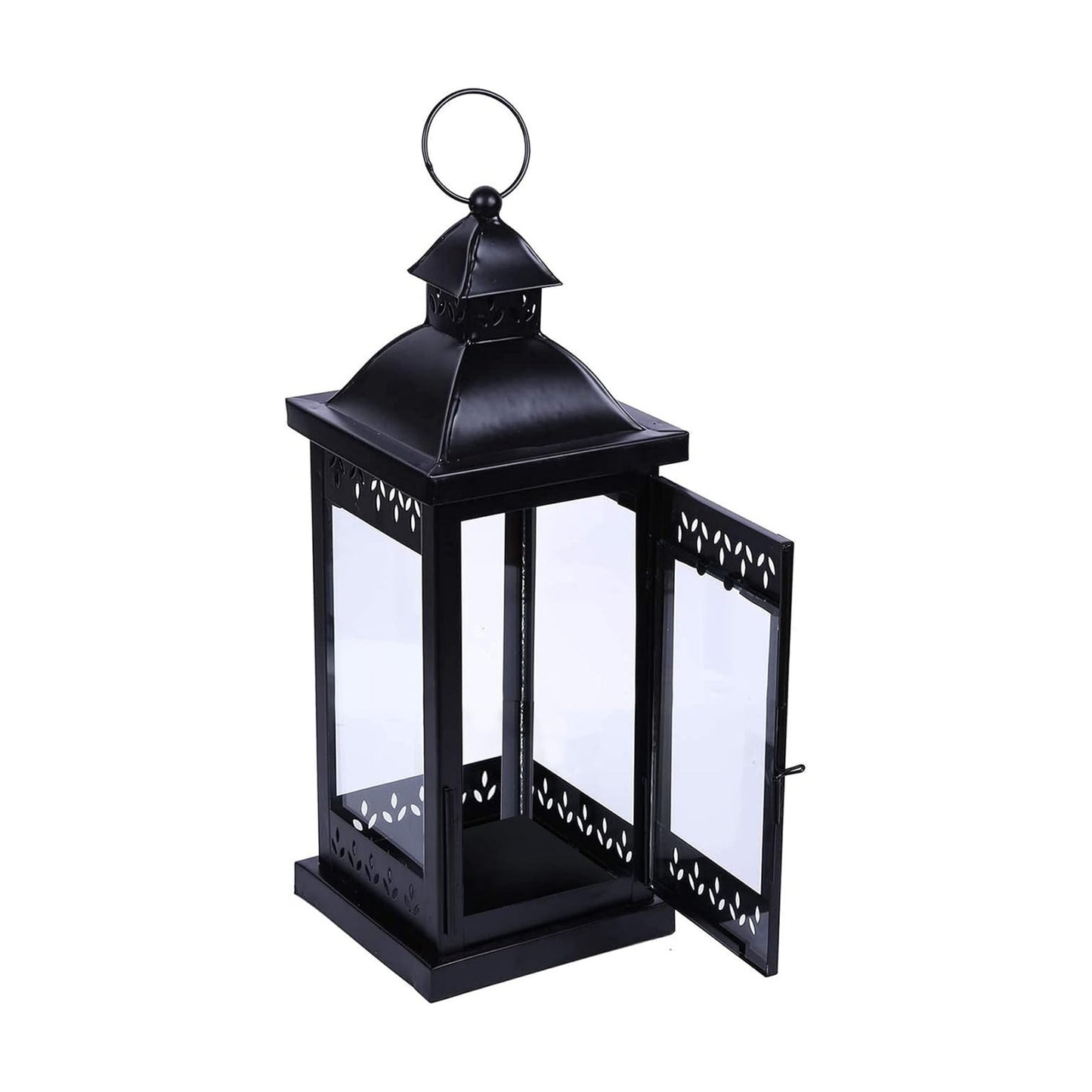 Hosley 15" Clear Glass Iron Lantern - Large Black Classic Style, Decorative Candle Holder for Weddings, Parties