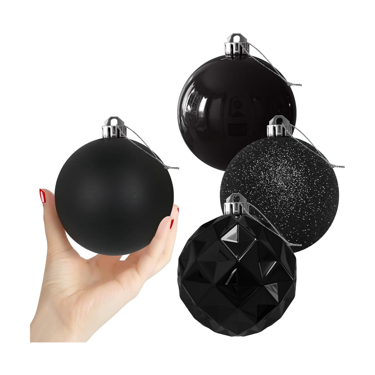 Black Set of XL (4.0") 4PCS Christmas Balls - Christmas Tree Decoration Ornaments Shatterproof Hanging Balls for New Year Easter Valentine Holiday Decorations