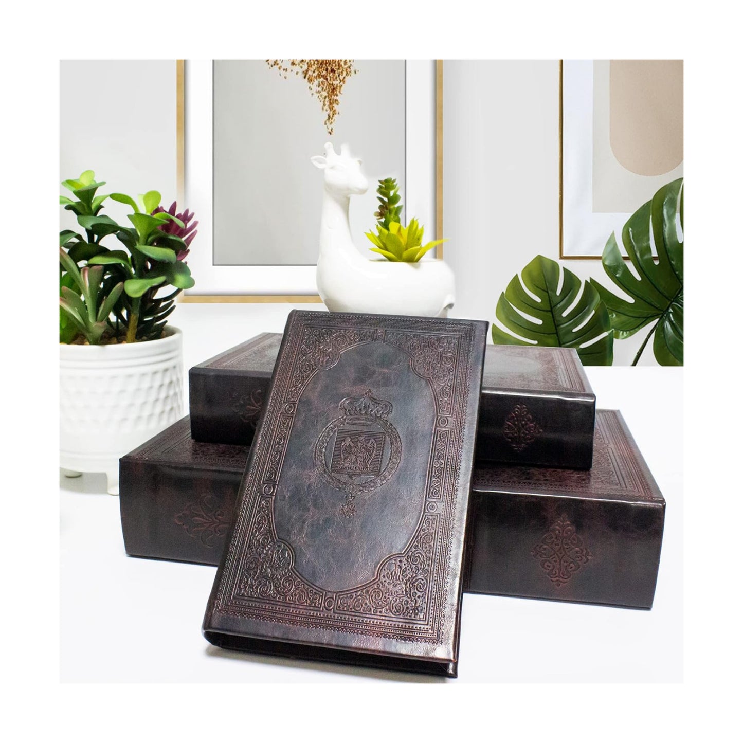 Vintage Style Book Shaped Storage Box / Leather Embossed Cover / Set of 3