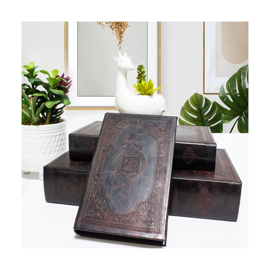 Vintage Style Book Shaped Storage Box / Leather Embossed Cover / Set of 3