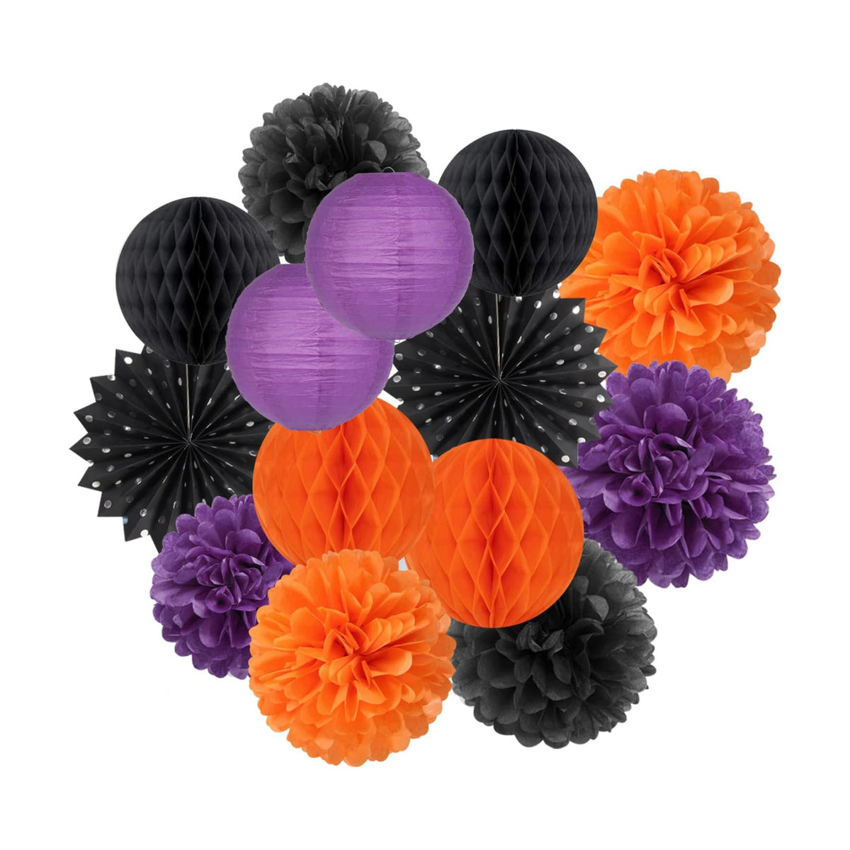 Black Orange Purple Halloween Party-Decorations - 14pcs Kits Paper Lanterns Fan,Tissue Flower Pom Poms Streamers,Honeycomb Balls,Graduation Birthday Wedding Baby Bridal Shower Decor Lasting Surprise