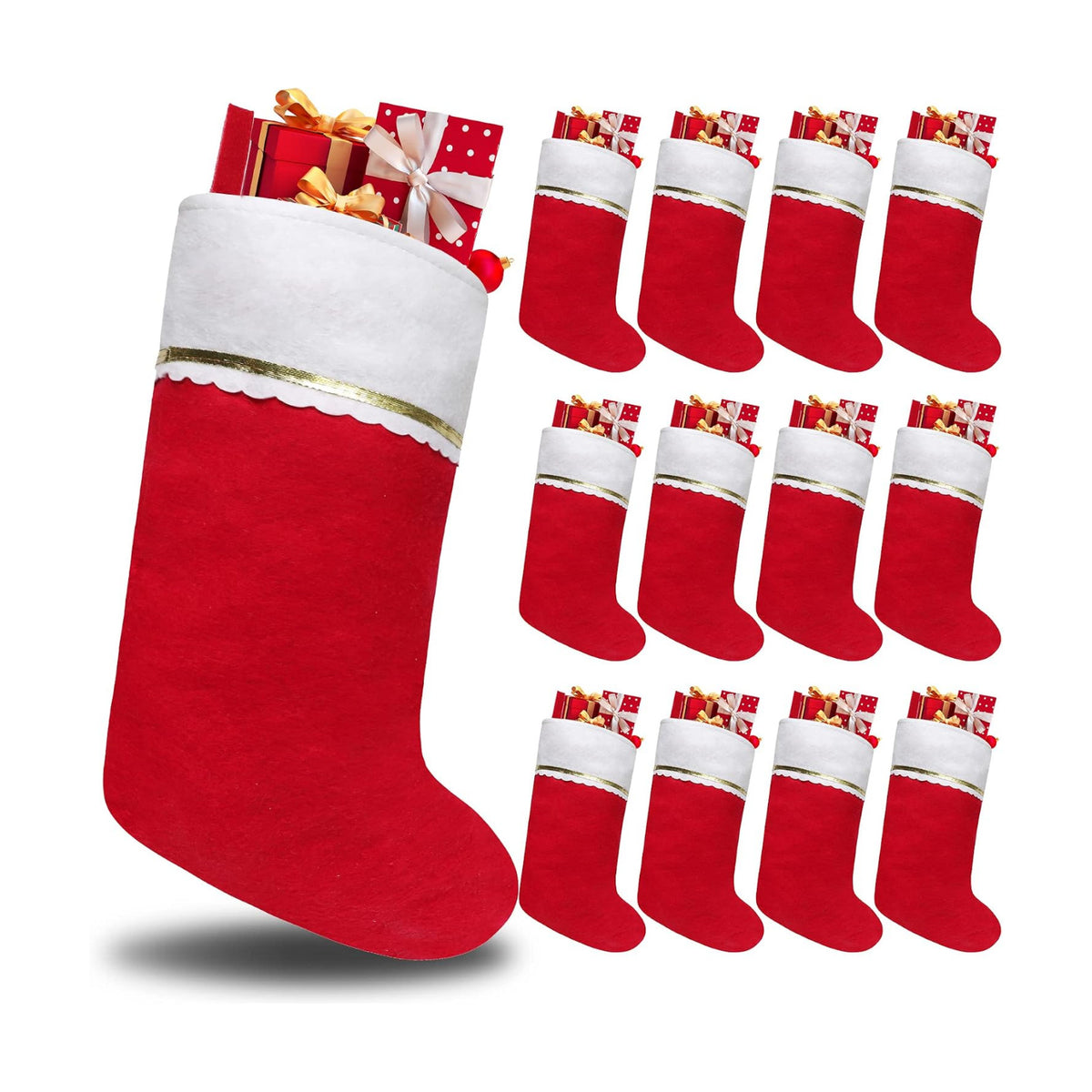12 Pack Felt Christmas Stockings, 19 Inches Red and White Christmas Stockings Hanging Ornaments, White Cuff with Gold Trim Christmas Stockings for Family Christmas Holiday Decorations