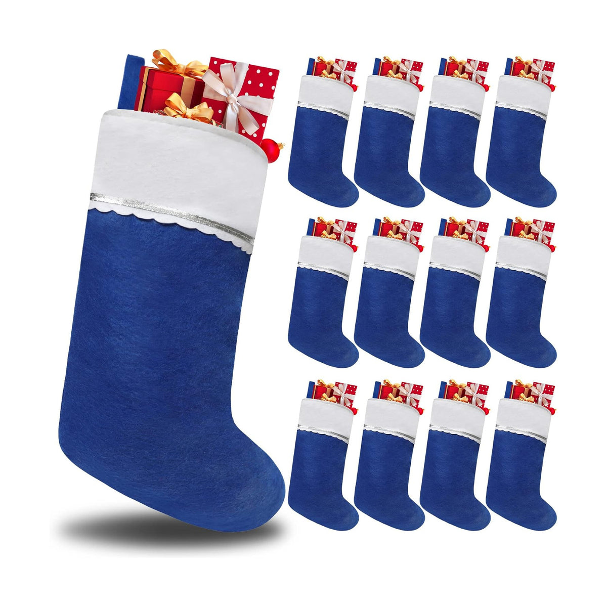 12 Pack Felt Christmas Stockings, 19 Inches Blue and White Christmas Stockings Hanging Ornaments, White Cuff with Silver Trim Christmas Stockings for Family Christmas Holiday Decorations