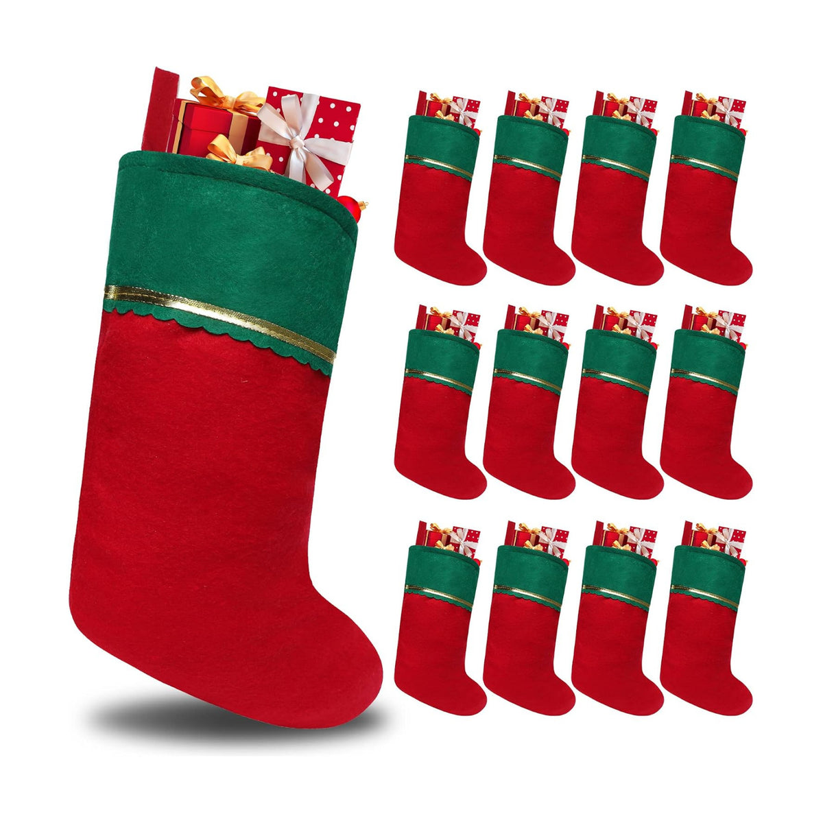 12 Pack Felt Christmas Stockings, 19 Inches Red and Green Christmas Stockings Hanging Ornaments, Green Cuff with Gold Trim Christmas Stockings for Family Christmas Holiday Decorations