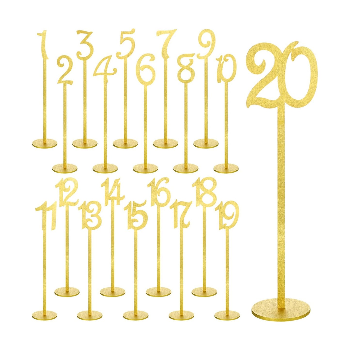 20 Pcs Table Numbers for Wedding with Holder, 1-20,Gold | Wooden Seat Numbers with Round Base Stands, Ideal for Wedding