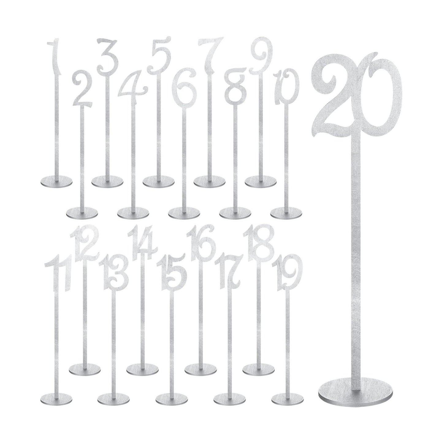 20 Pcs Table Numbers for Wedding with Holder, 1-20,Silver | Wooden Seat Numbers with Round Base Stands, Ideal for