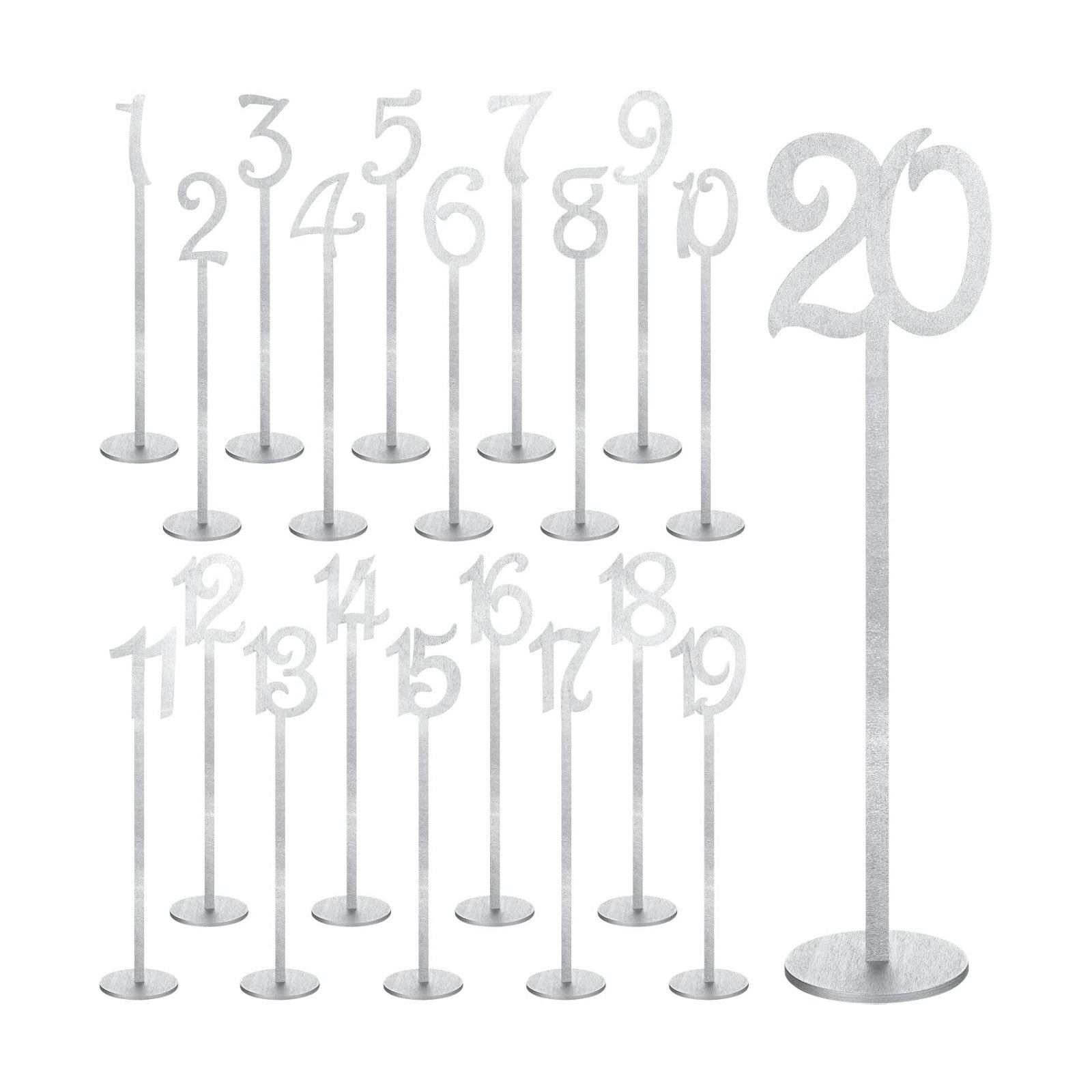 20 Pcs Table Numbers for Wedding with Holder, 1-20,Silver | Wooden Seat Numbers with Round Base Stands, Ideal for