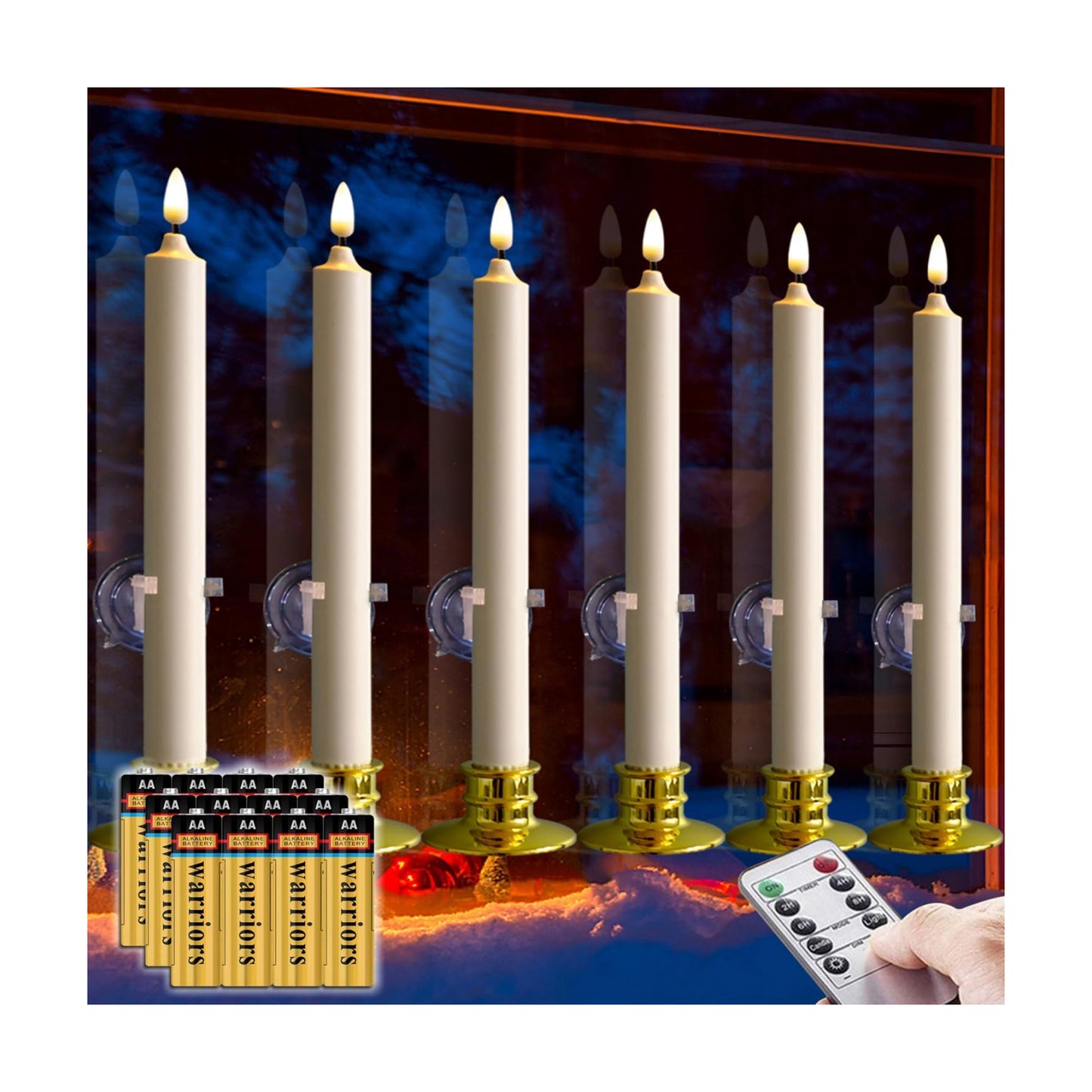 6 Pack Windows Candles with 12 AA Batteries(Include, Run More Than 400 Hours) + 6 Golden Removable Candlesticks + 6