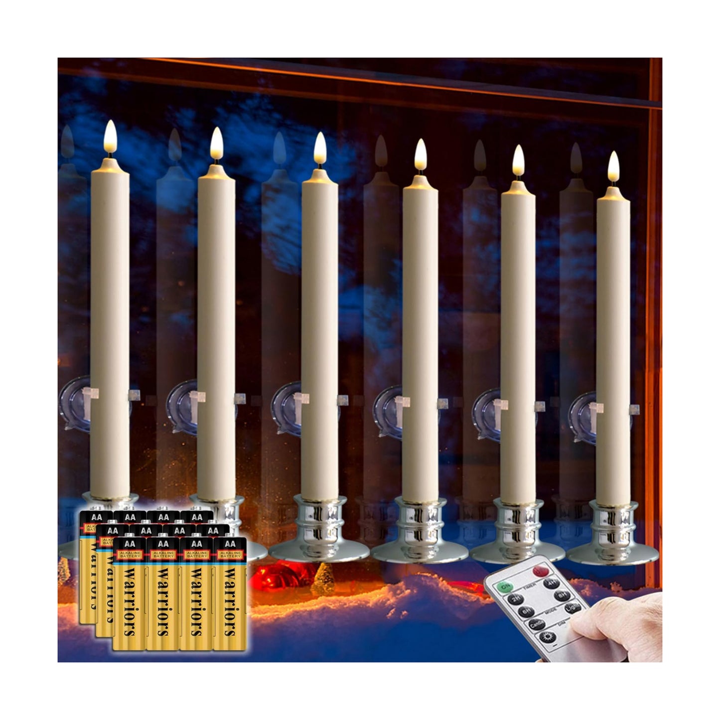 6 Pack LED Windows Candles with 12 AA Batteries(Include,Run More Than 400 Hours) + 6 Silver Removable Candlesticks + 6