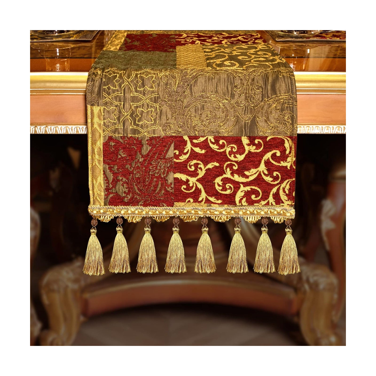 Loom and Mill Luxury Jacquard Table Runner 13x108 inch, Rectangle-Red Gold | Patchwork Design Chenille Dining Table