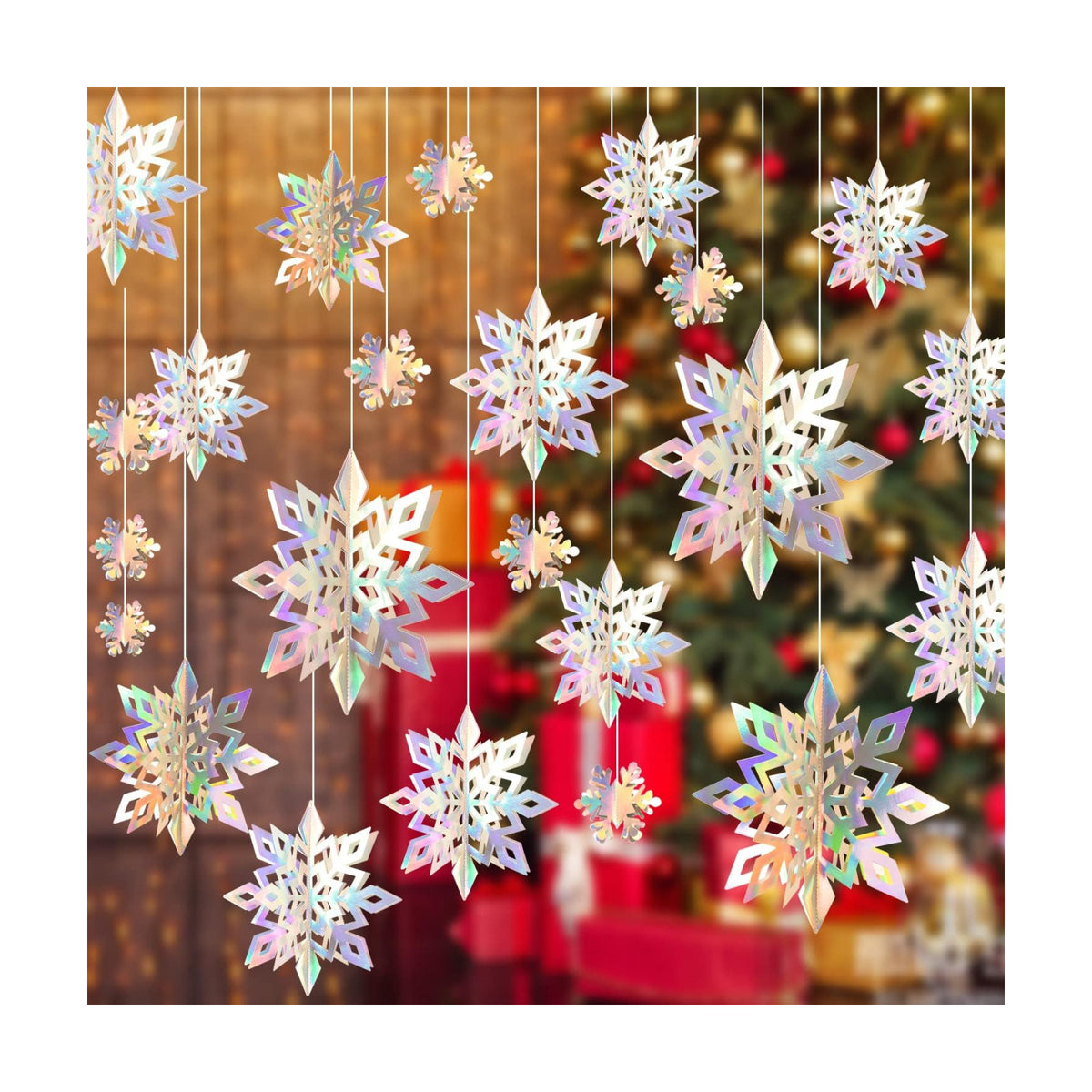 27PCS Christmas Hanging Snowflakes 3D Paper Snowflakes Christmas Tree Decorations Hanging Snowflake Decorations for Winter Wonderland Christmas Indoor Outdoor Holiday Decor (27, Iridescent)