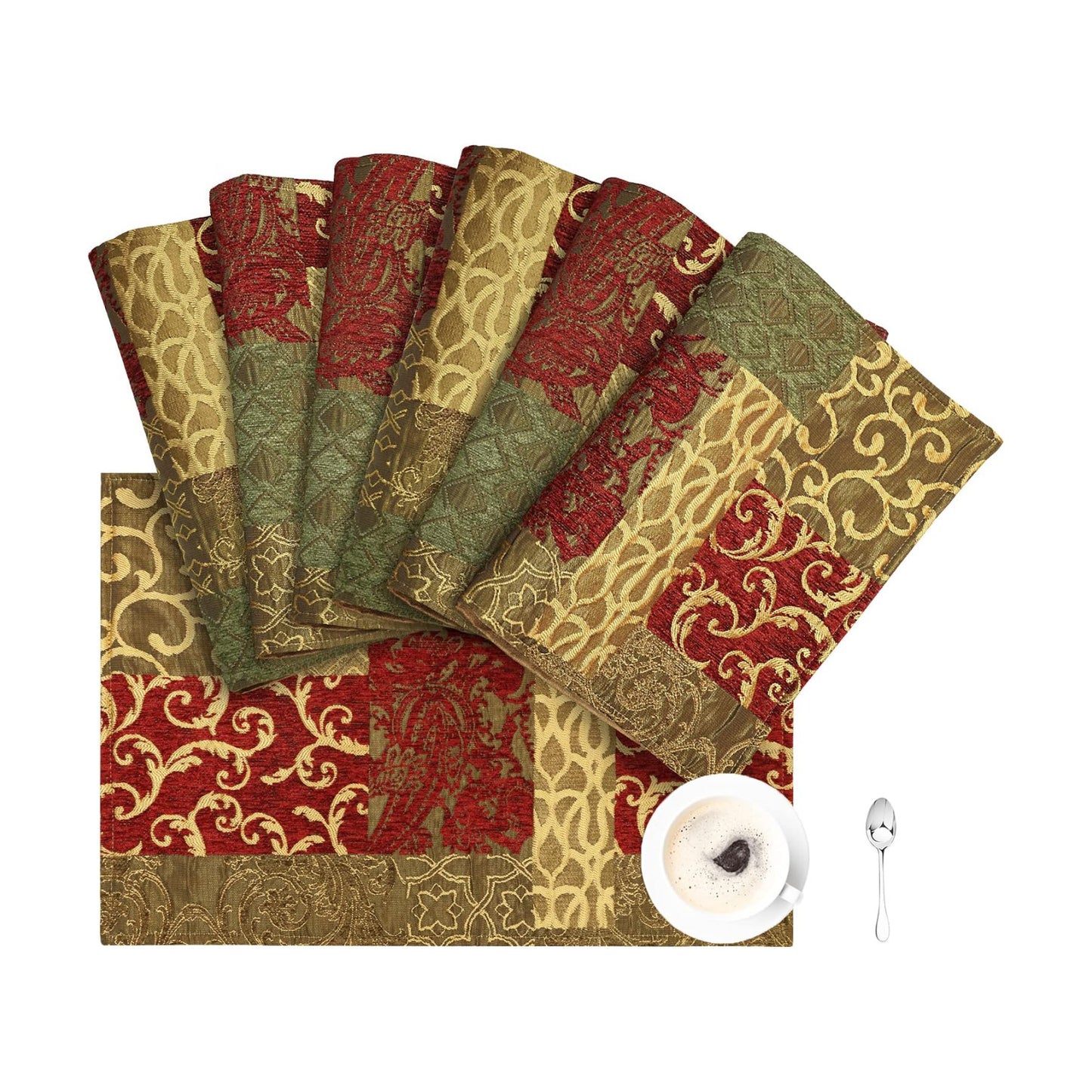 Loom and Mill Luxury Patchwork Damask Placemats Set of 6, Red Gold, 12x18in | Chenille Jacquard Non-Slip Table Place