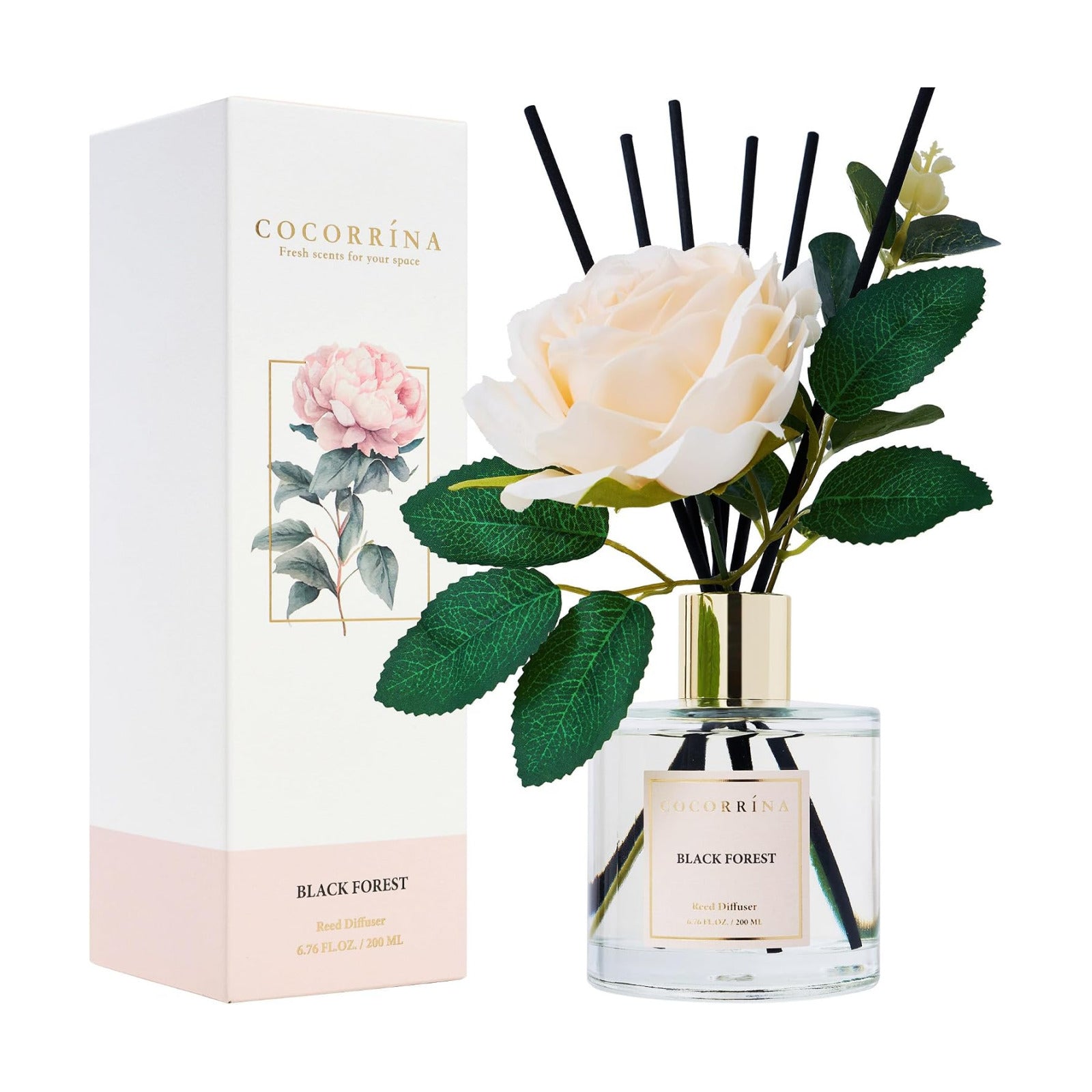 Cocorrina Reed Diffuser Set, Flower Reed Diffuser Black Forest 6.7 oz, Scented Diffuser with Sticks Home Fragrance