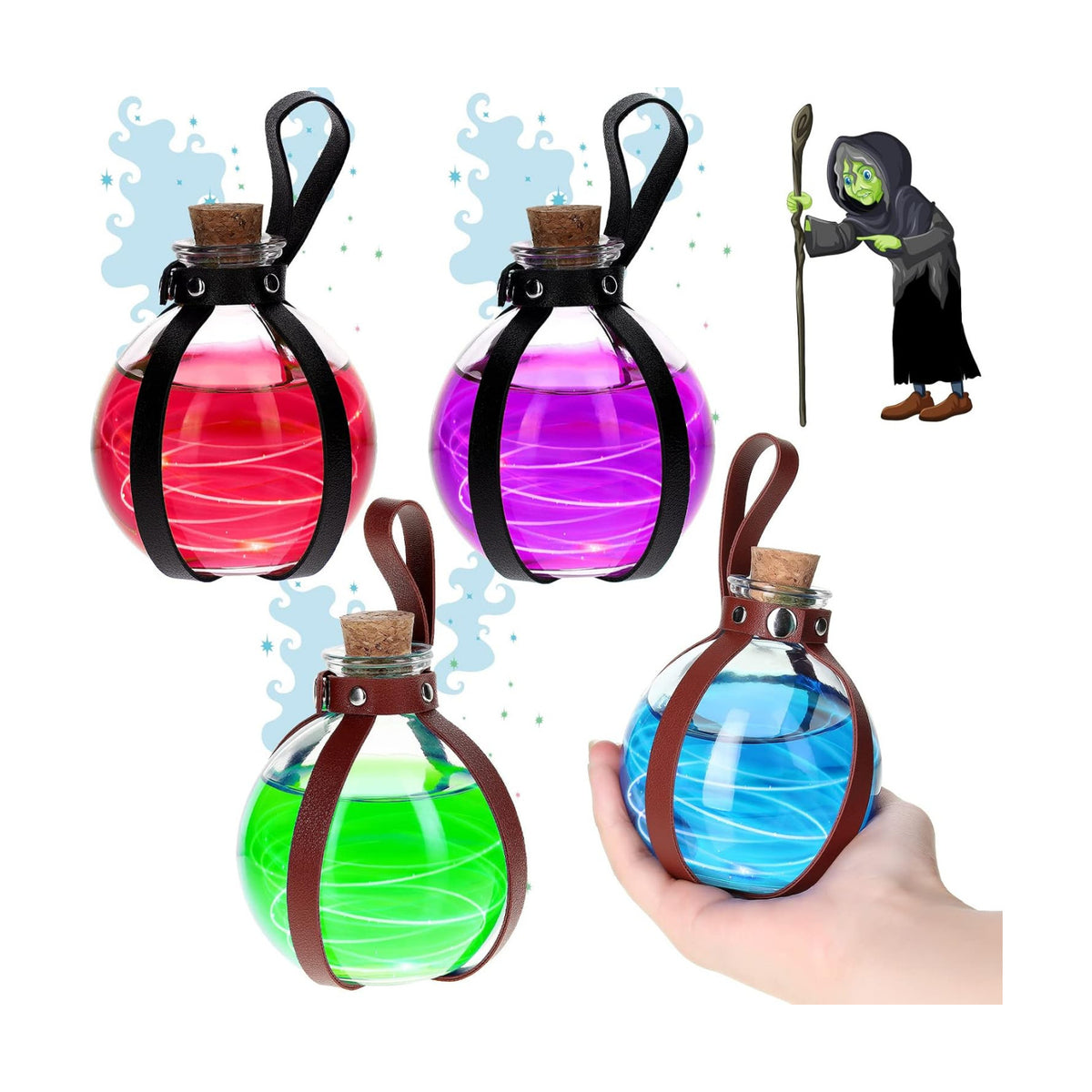 Meanplan 4 Pack Halloween Cork Potion Bottle with Cork Belt, Black, Brown