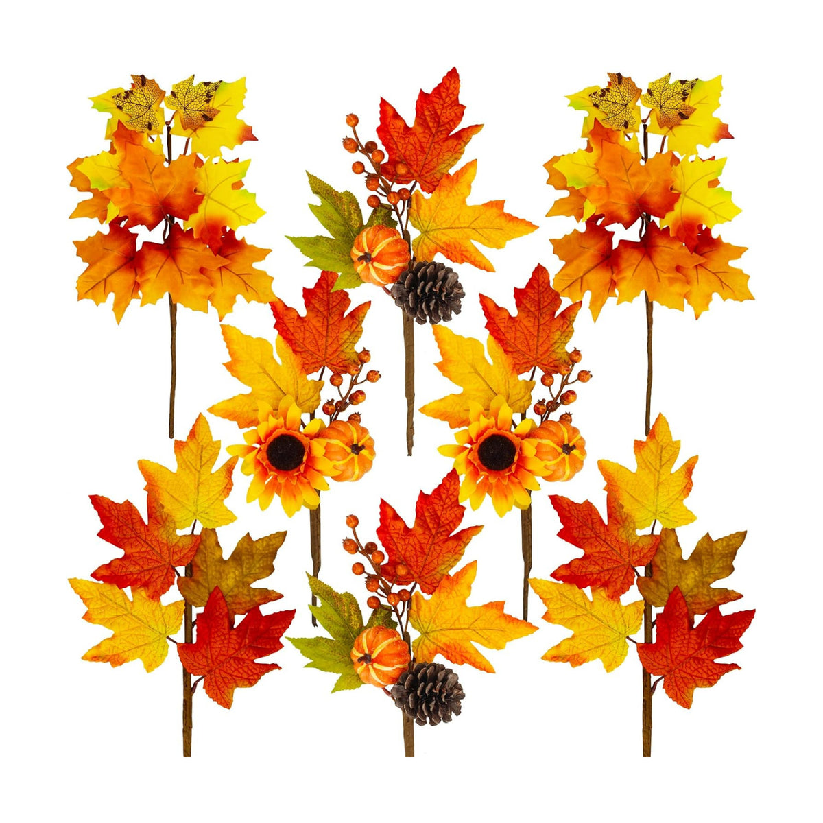 Winlyn 8 Pcs Assorted Artificial Maple Leaf Branches Faux Fall Picks and Sprays with Pumpkins Sunflower Heads Pine Cones Berries for Farmhouse Fall Thanksgiving Floral Arrangement Centerpiece Wreath