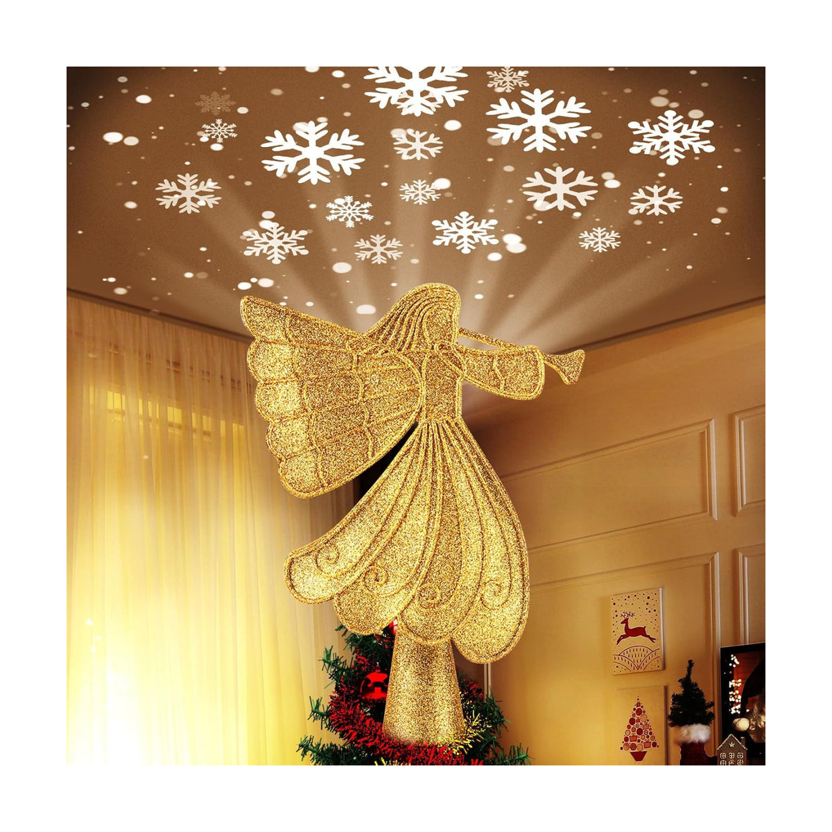Christmas Angel Tree Topper with Built-in Led Snowflake Projector Lights
