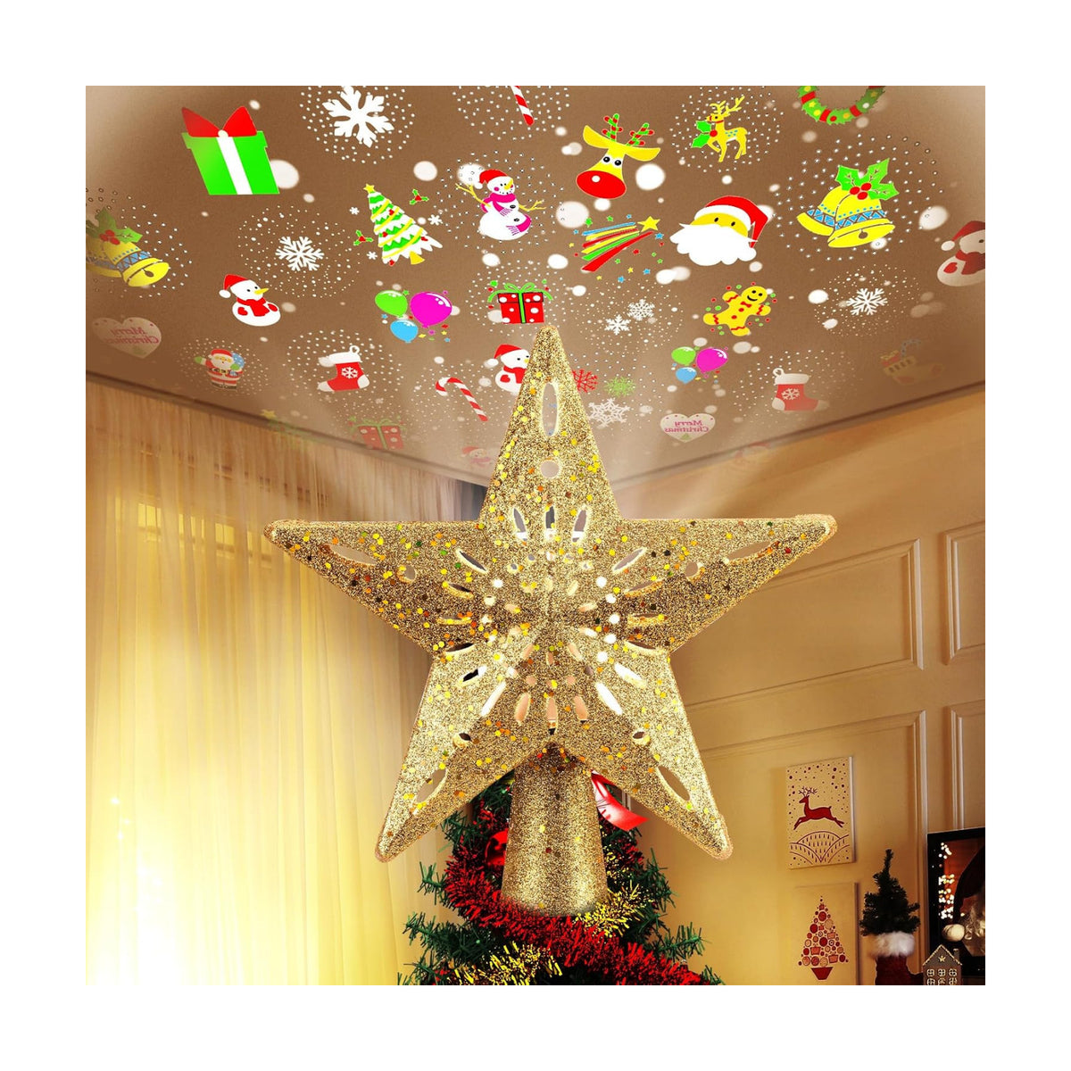 Christmas Star Tree Topper Lighted with 6 Rotating Projection Patterns