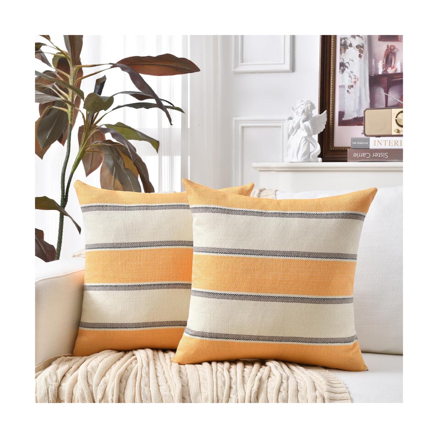 Farmhouse Linen Throw Pillow Cover Cushion Stripe Decoration Buffalo / 22 x 22 / Yellow / Set of 2