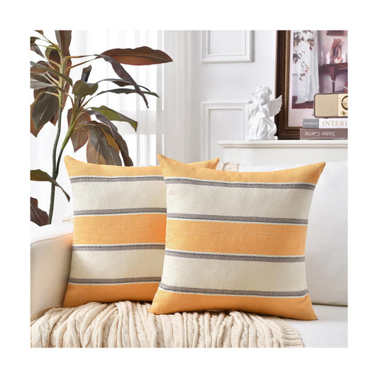 Farmhouse Linen Throw Pillow Cover Cushion Stripe Decoration Buffalo / 22 x 22 / Yellow / Set of 2