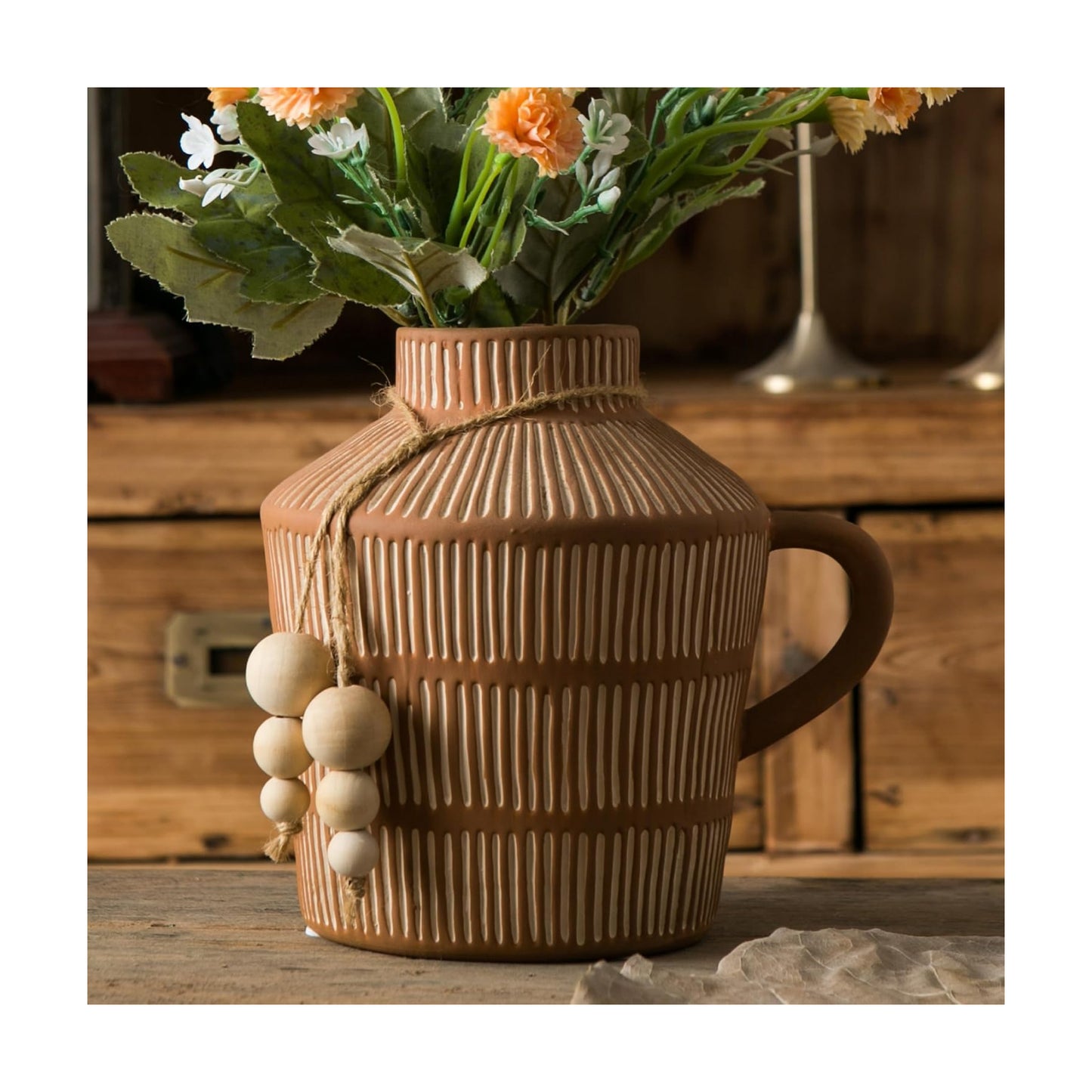 Rustic Farmhouse Vase / Yellow - Wooden Beads