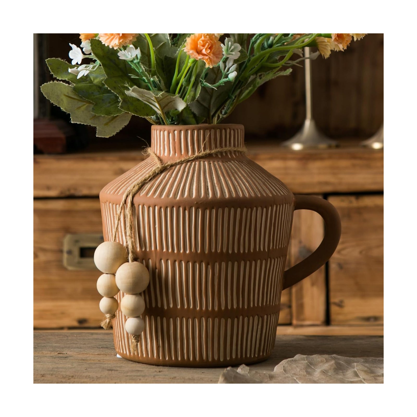 Rustic Farmhouse Vase / Yellow - Wooden Beads