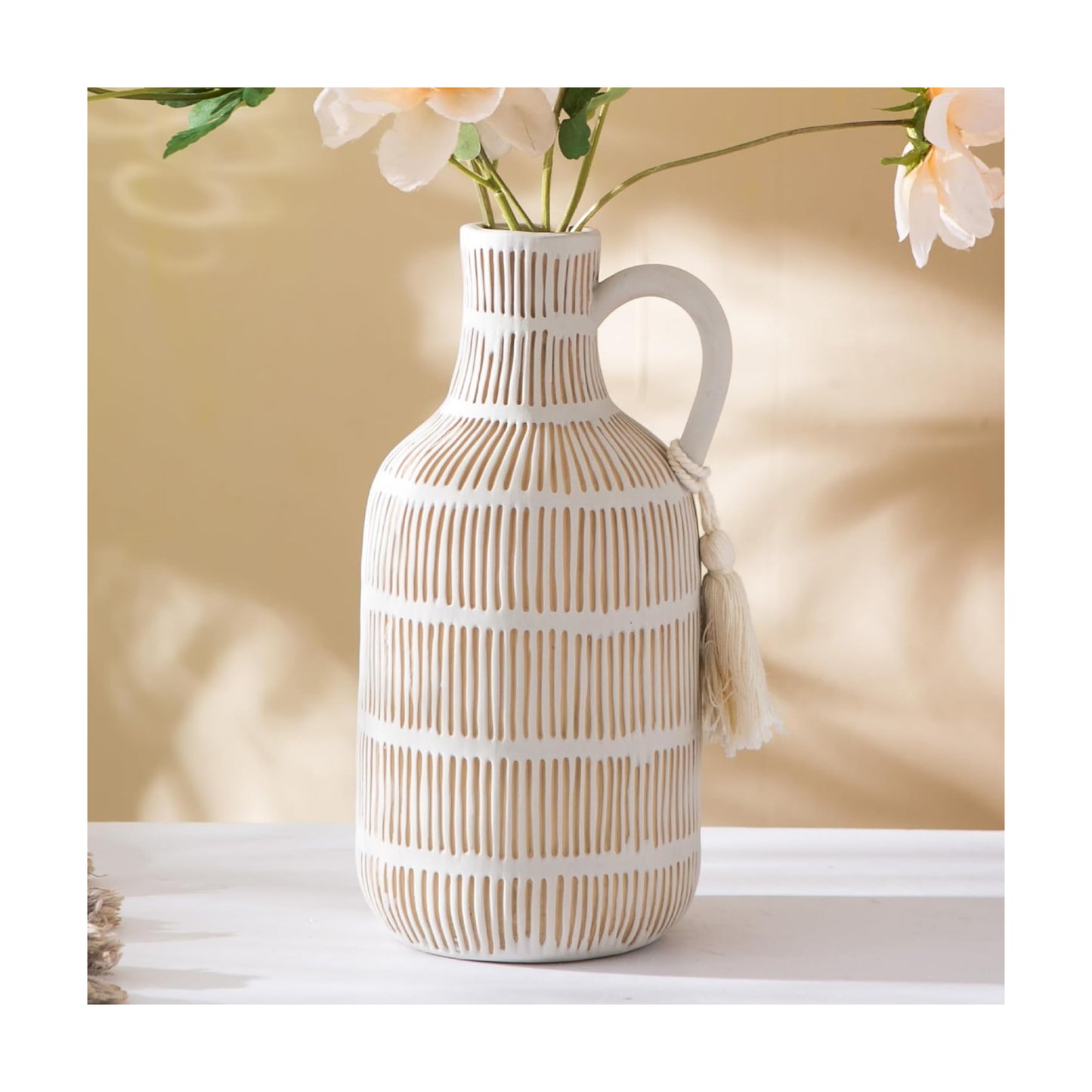 Farmhouse Vase / Grey Yellow Vertical Stripes Design Clay Vase 10'' Tall / Gray - Long