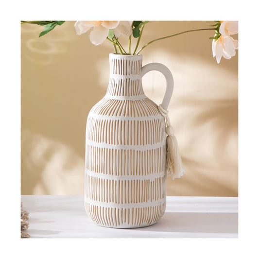 Farmhouse Vase / Grey Yellow Vertical Stripes Design Clay Vase 10'' Tall / Gray - Long