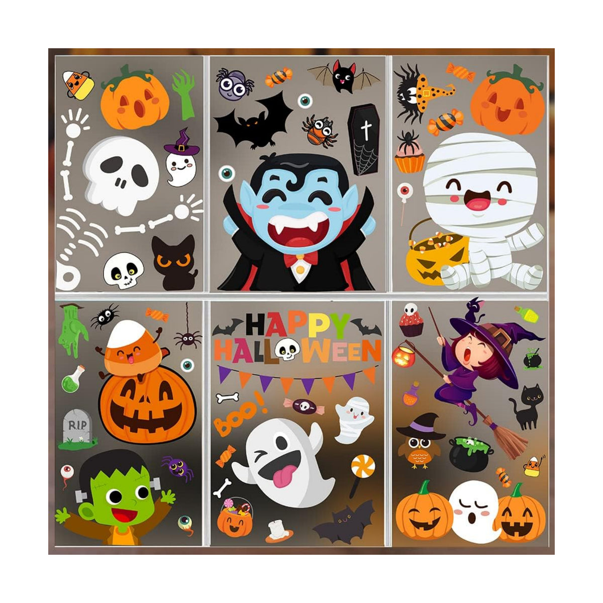 6 Sheet Window Clings - Cute Halloween Stickers and Decals for Kids - Indoor Window Decorations