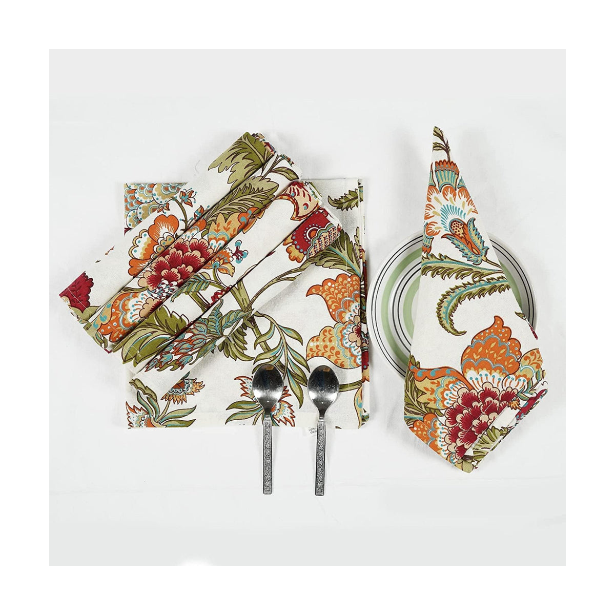 TARAN LIVING Napkins Fall Printed Cotton Cloth Napkin Reusable Boho Dinner Napkin Set Washable Dish Napkin for Gifts, Home Decor, Hotel, New Year Party - Kaveri - Set of 6, 20x20 Inches