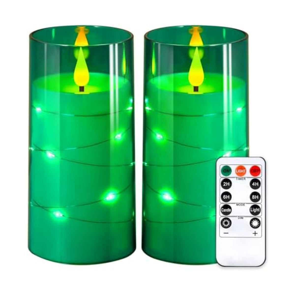 NURADA Flickering Flameless Candles: Built-in Star String Acrylic Battery LED Pillar Candles Candles with Remote and Timer for Home Party Weddings Christmas Halloween Decor -Green 2 Pack