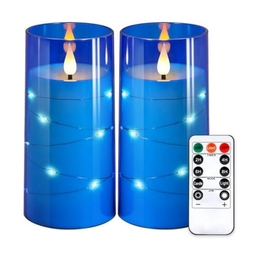 NURADA 3"x6"Flickering Flameless Candles: Built-in Star String 3D Wick Battery Operated LED Candles with Remote and Timer for Wedding Valentine's Day Decor, Blue 2 Pack