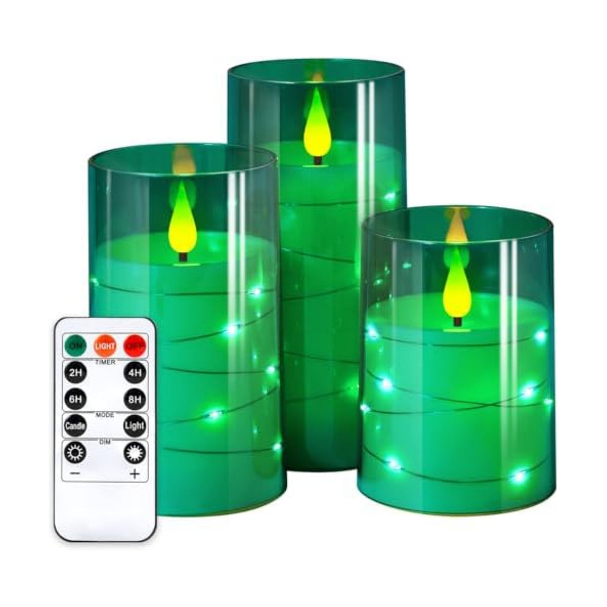 NURADA Flickering Flameless Candles: Built-in Star String Acrylic Battery Operated LED Pillar Candles with Remote and Timer for Home Party Weddings Christmas Halloween Decor -Green 3 Pack