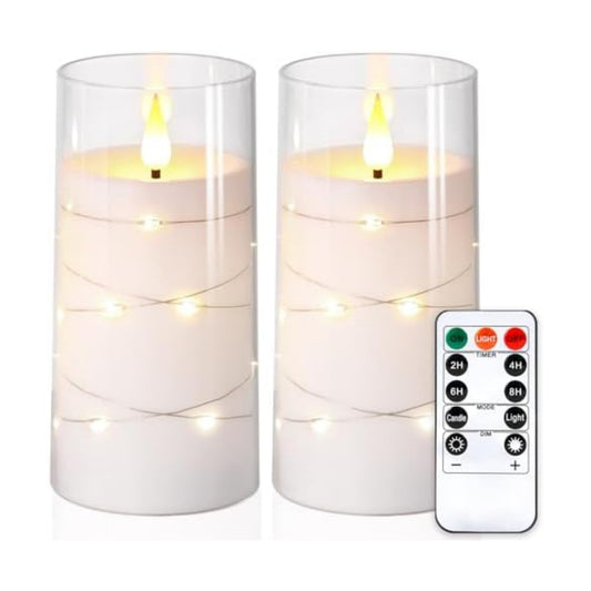 NURADA Flickering Flameless Candles: Built-in Star String Lights, Acrylic Battery Operated LED Pillar Candles with Remote and Timer for Romantic Mood Home Decoration - 2 Pack Pure White