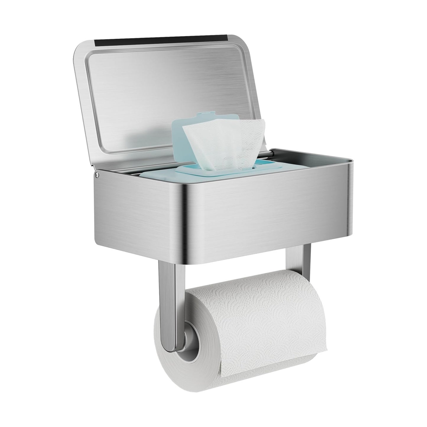 Toilet Paper Holder, Stainless Steel Wall Mount Bathroom Organizer with Shelf, Flushable Wipes Dispenser Storage Fits