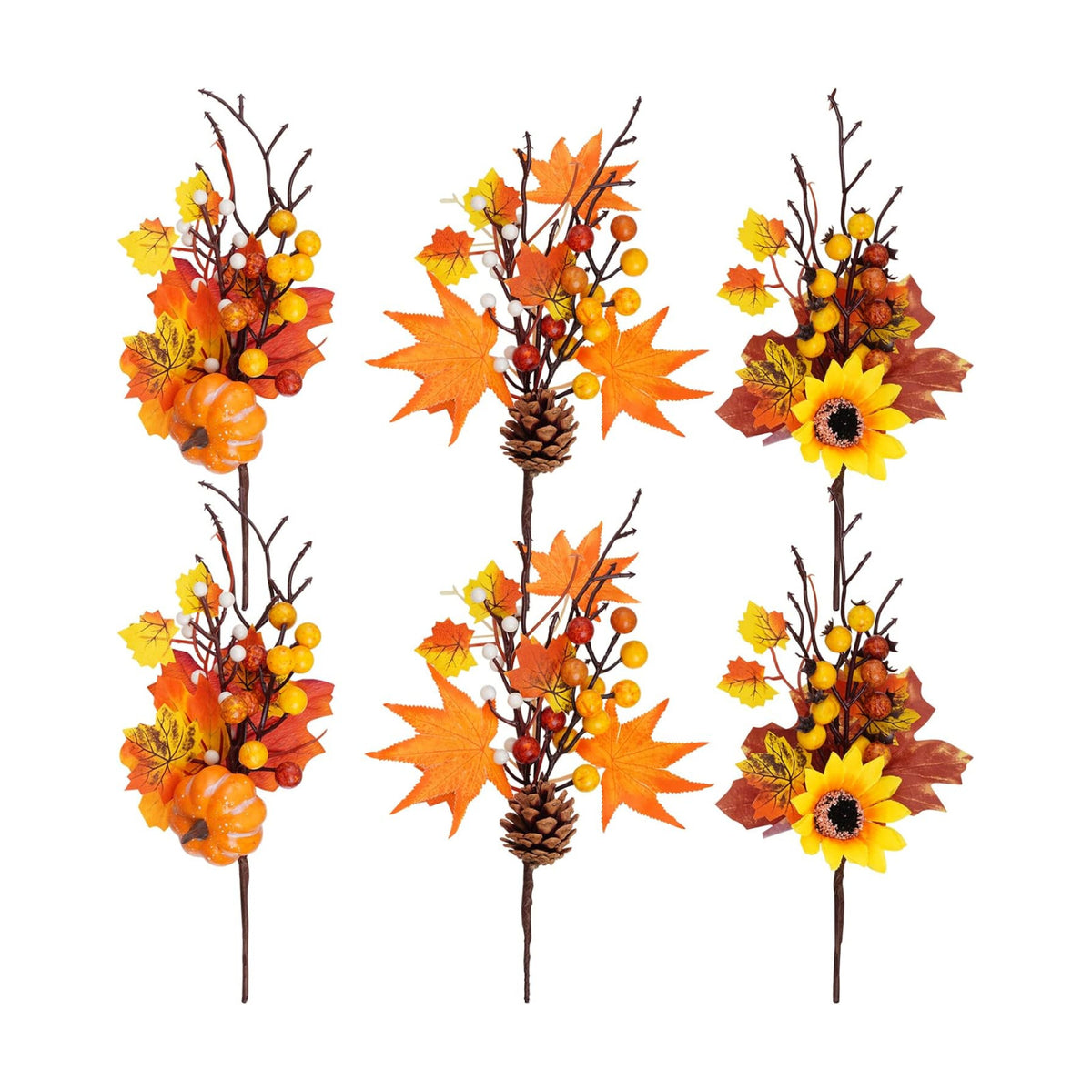 6 Pack Artificial Maple Leaves Branches Autumn Pumpkin Berry Twig Stem Orange Fall Stems Fake Artificial Flower Picks for Thanksgiving Christmas Harvest Festival Decoration DIY Floral Arrangements
