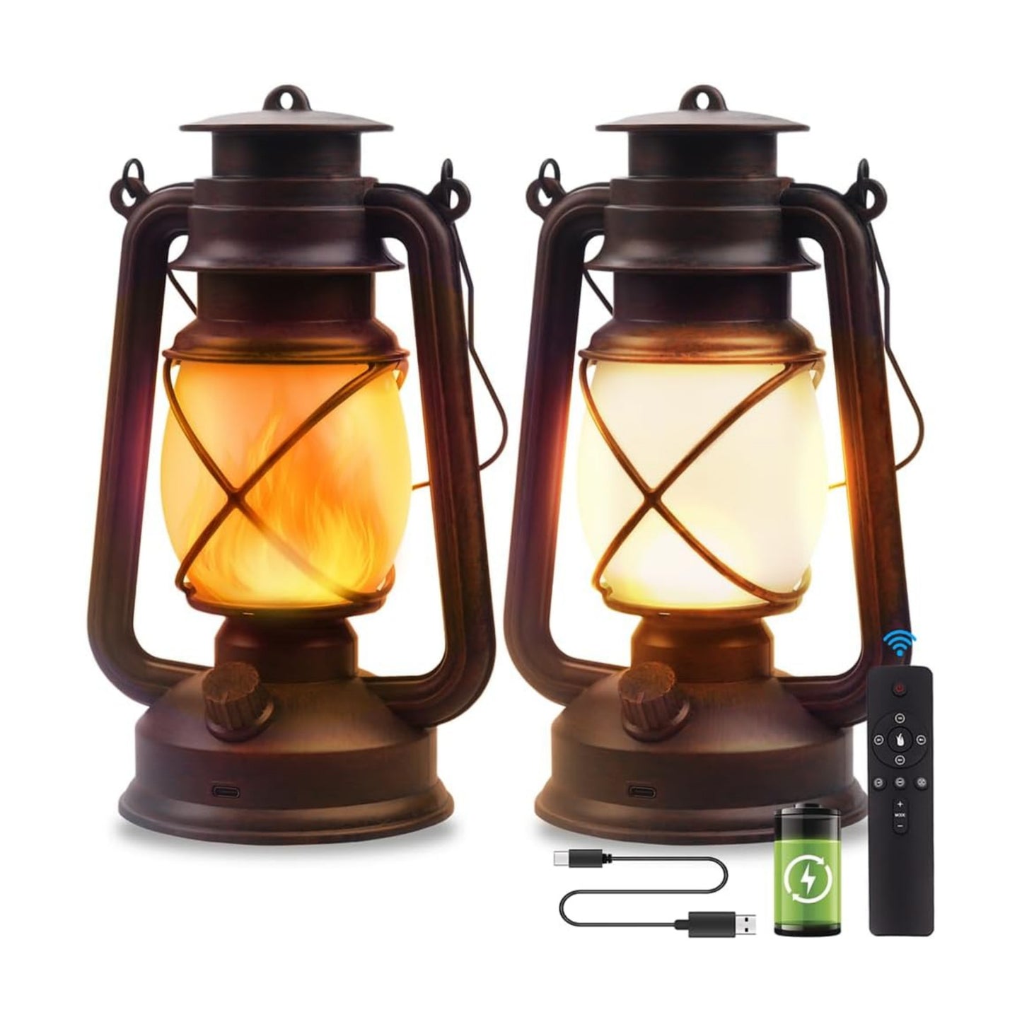 Marlrin USB Rechargeable Lanterns 2 Pack with Remote Control 4 Modes Lights | Vintage Hanging Lanterns Outdoor