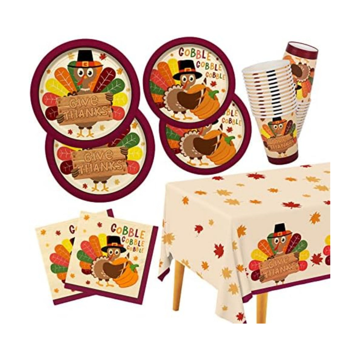 Gatherfun Turkey Thanksgiving Party Supplies Kit, Autumn Disposable Dinnerware Includes, Paper Dinner Plates, Dessert Plates, Napkins, Cups, and Tablecloth, for Fall party Decorations, Serve 25