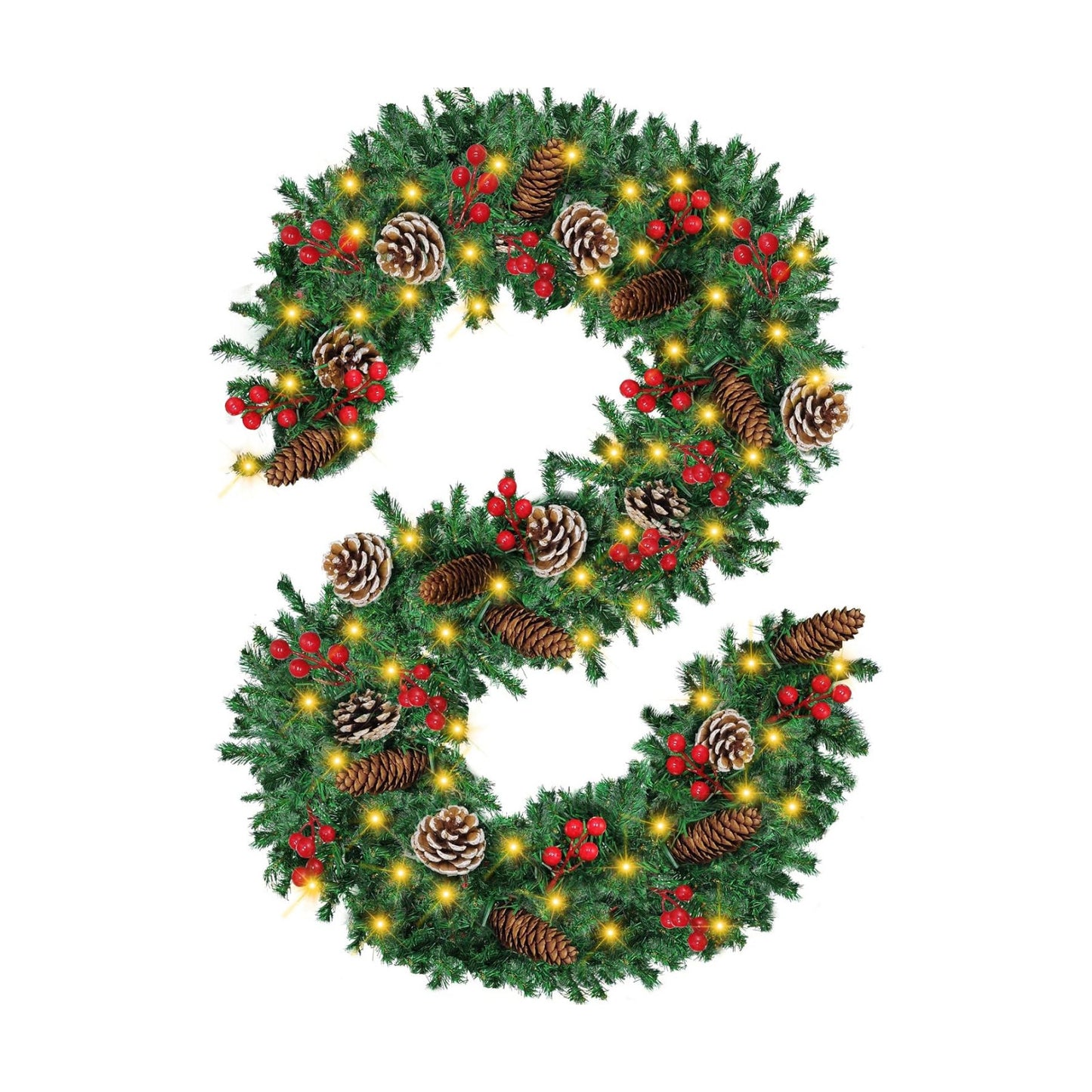 Christmas Garland, 12FT Prelit Christmas Garland with 100 LED Lights, Greenery Xmas Garland with 20 Pine Cones 90 Red