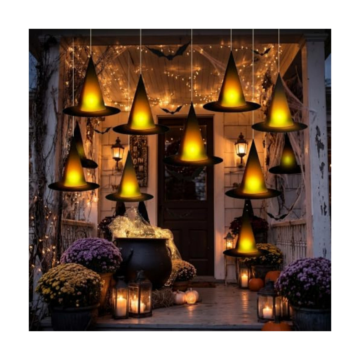 taupphoo Halloween Black Witch Hats DIY Floating Light up Witch Hats with Tea Lights 3D Bats Wall Decorations