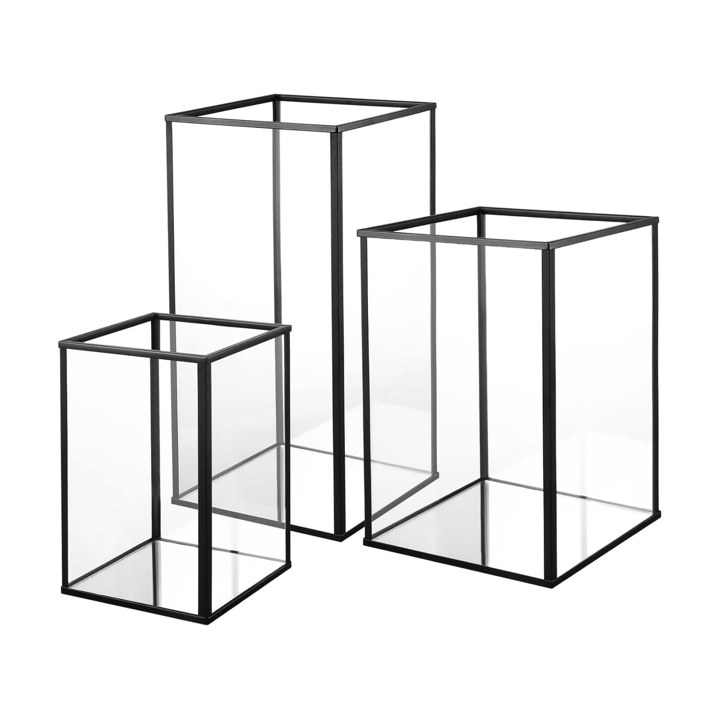 Phosphor Large Glass Hurricane Candle Holder Set of 3 PCS Black Glass Candle Holder for Thankgiving Wedding Party